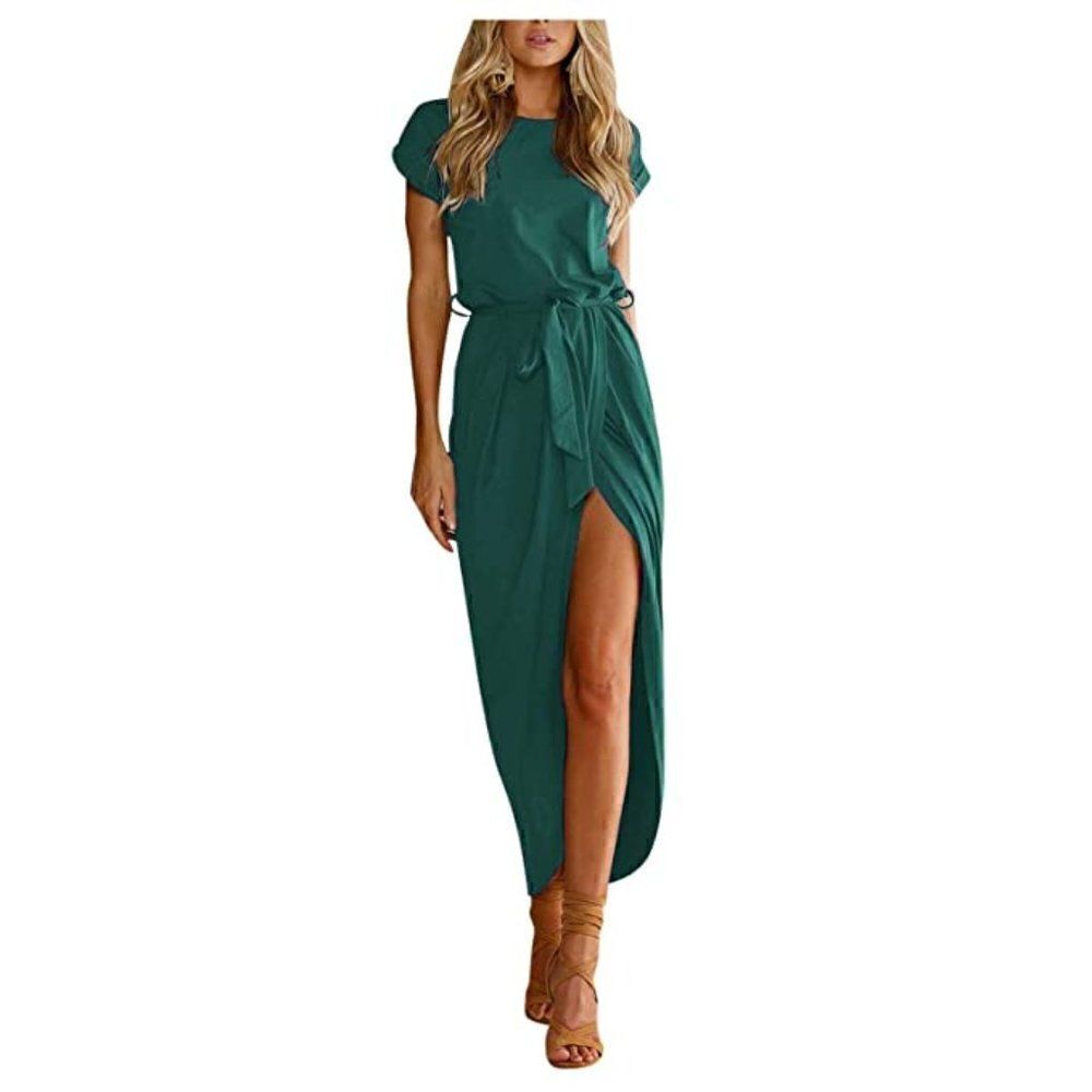 QEAREL Green midi dress cap sleeve shirtdress Small